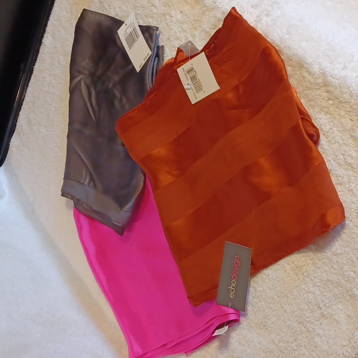 Echo Design 3 Silk Scarves Dark Gray, Orange, Pink New With Tags